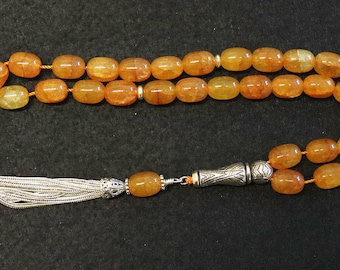 Luxury Prayer Beads Tesbih Amber Color Crackled Barrel Agate & Sterling -Top Quality- Collector's