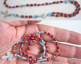 Mini Catholic Rosary Red Coral, Turquoise & Sterling Silver