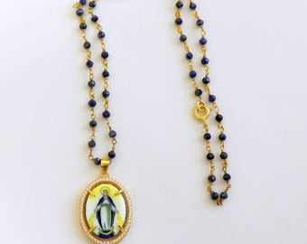 Hand Painted Our Lady of Graces Medal Necklace: Vermeil Zircon Frame, Lapis Rosary Chain