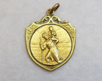 Early 20th Century Art Nouveau Stylized Medal St Christopher in Solid 18K Gold
