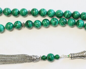 Luxury Prayer Beads Tesbih Rosary AA Grade Malachite & Sterling Silver -Top quality - Large item,  Collector's