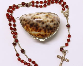Vintage Garnet and Sterling Catholic Rosary in Tiger Cowry Shell box – Rare and  Charming - 1920's