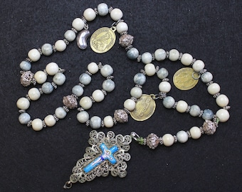 19th Cent. Bavarian Bone & Filigree Catholic Rosary w. Medals and Reliquary Porcelain Enamel Cross RARE