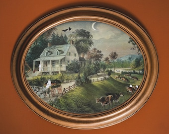 May include: A framed painting depicting a white farmhouse with a carriage and two figures in front of it. The scene is set in a rural landscape with trees, a winding road, and a crescent moon in the sky.