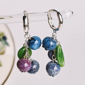 Glass blueberry earrings Lampwork Murano Berry leverback Sterling silver