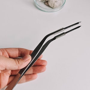 May include: A pair of silver tweezers with a pointed tip, held in a hand against a white background.
