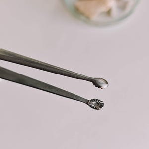 Pu&ograve; includere: Primo piano di due curette auricolari in metallo argentato. Una curetta ha una piccola punta arrotondata, mentre l'altra ha un design circolare a forma di fiore. Gli strumenti sono probabilmente utilizzati per la pulizia delle orecchie o per procedure mediche.