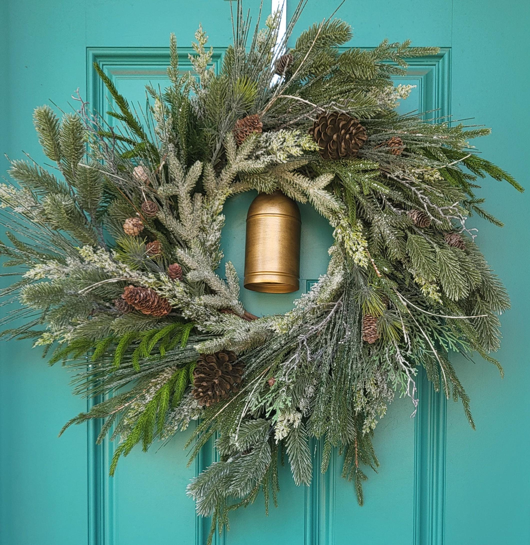 Christmas woodland pine and spruce extra full front door wreath with large bell