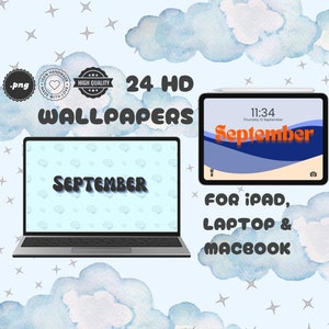 Puede incluir: 24 fondos de pantalla digitales de alta definición para iPad, portátil y Macbook. Los fondos de pantalla presentan un fondo azul y blanco con la palabra "Septiembre" en una fuente retro.