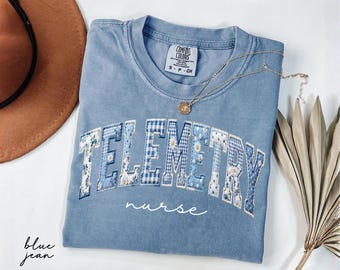 Comfort Colors® Telemetry Nurse Shirt, Floral Faux Patchwork Heart Monitor Tech Tee, Cardiac Nurse Gift, EKG ECG Shirt, Monitor Specialist