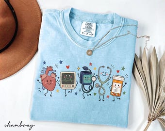 Comfort Colors® Cardiac Nurse Doodle Characters Shirt, Cardiology Nurse Tee, Cardiovascular Nurse Shirt, CVICU Nurse Gifts, Heart Nurse Gift