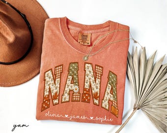 Personalized Nana Shirt With Grandkids Names, Comfort Colors® Floral Fall Faux Patchwork Grandma Tee, Pumpkin Nana Shirt, Fall New Nana Gift