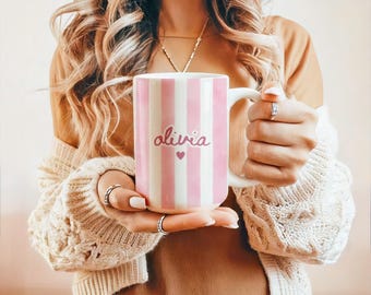 Personalized Name Striped Mug, Custom Name Coffee Cup, Coquette Name Mug, Birthday Gift for Her, Mothers Day Gift New Mom Grandma Aunt Gifts