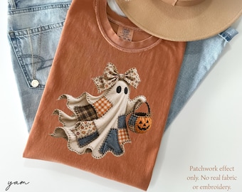 Comfort Colors® Ghost Faux Patchwork Shirt, Coquette Halloween Ghost Tee, Cute Fall Pumpkin Ghost Shirt, Spooky Season Shirt, Halloween Gift
