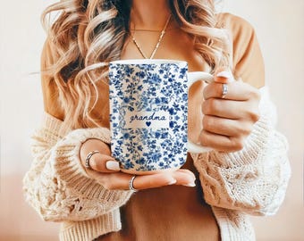 Personalized Grandma Floral Mug, Chinoiserie Blue Toile Grandma Coffee Mug, Custom Grandmother Gift, Mother's Day Gift, Nana Mimi Gigi Gift