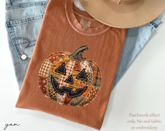Comfort Colors® Pumpkin Faux Patchwork Shirt, Fall Pumpkin Tee, Halloween Women Shirt, Autumn Thanksgiving Gift, Spooky Tis The Season Shirt