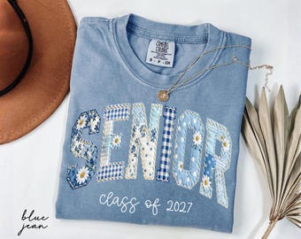 Comfort Colors® Senior Class Of 2027 Shirt, Floral Faux Patchwork Senior Tee, High School Graduation Gift, Senior Night Mom Gift,Senior Mama