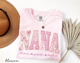 Personalized Nana Shirt With Grandkids Names, Comfort Colors® Floral Faux Patchwork Grandma Tee, Mothers Day Gift For Mimi, New Nana Gifts