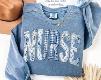 Comfort Colors® Nurse Sweatshirt, Faux Patchwork RN Sweater, Floral Toile Nursing Sweatshirt, Nurse Graduation Gift, Registered Nurse Gift