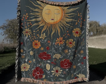 Celestial Sun Woven Blanket, Red Floral Woven Tapestry, Mystical Boho Sofa Cover Throw,Astrology Lover Gift,Ethereal Boho Throw,Cosmic Decor