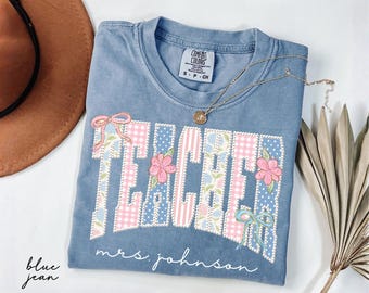 Comfort Colors® Personalized Teacher Name Floral Shirt, Faux Pearl Teacher Tee, Custom Teacher Gift, Back To School Tee, Teacher Team Shirts