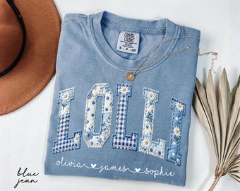 Personalized Lolli Shirt With Grandkids Names, Comfort Colors® Floral Faux Patchwork Grandma Tee, Mothers Day Gift For Lolli, New Lolli Gift