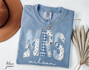 Comfort Colors® Custom Mrs Shirt, Faux Patchwork Chinoiserie Bride Tee, Personalized Engagement Gift, Bride to Be Gift, Bridal Shower Gift