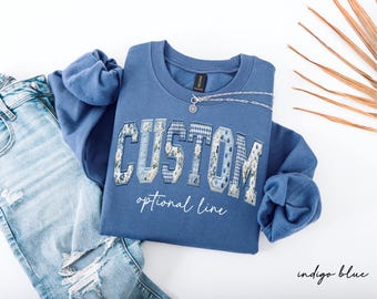 Floral Custom Text Sweatshirt, Personalized Faux Patchwork Name Sweater, Chinoiserie Mama Crewneck, Kids Name Sweater, Birthday Gift For Her