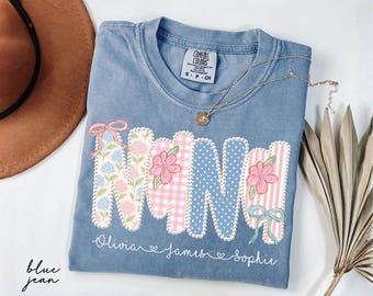 Personalized Nana Shirt With Grandkids Names, Comfort Colors® Floral Faux Pearl Grandma Tee, Mother's Day Gift For Mimi, New Nana Gigi Gifts