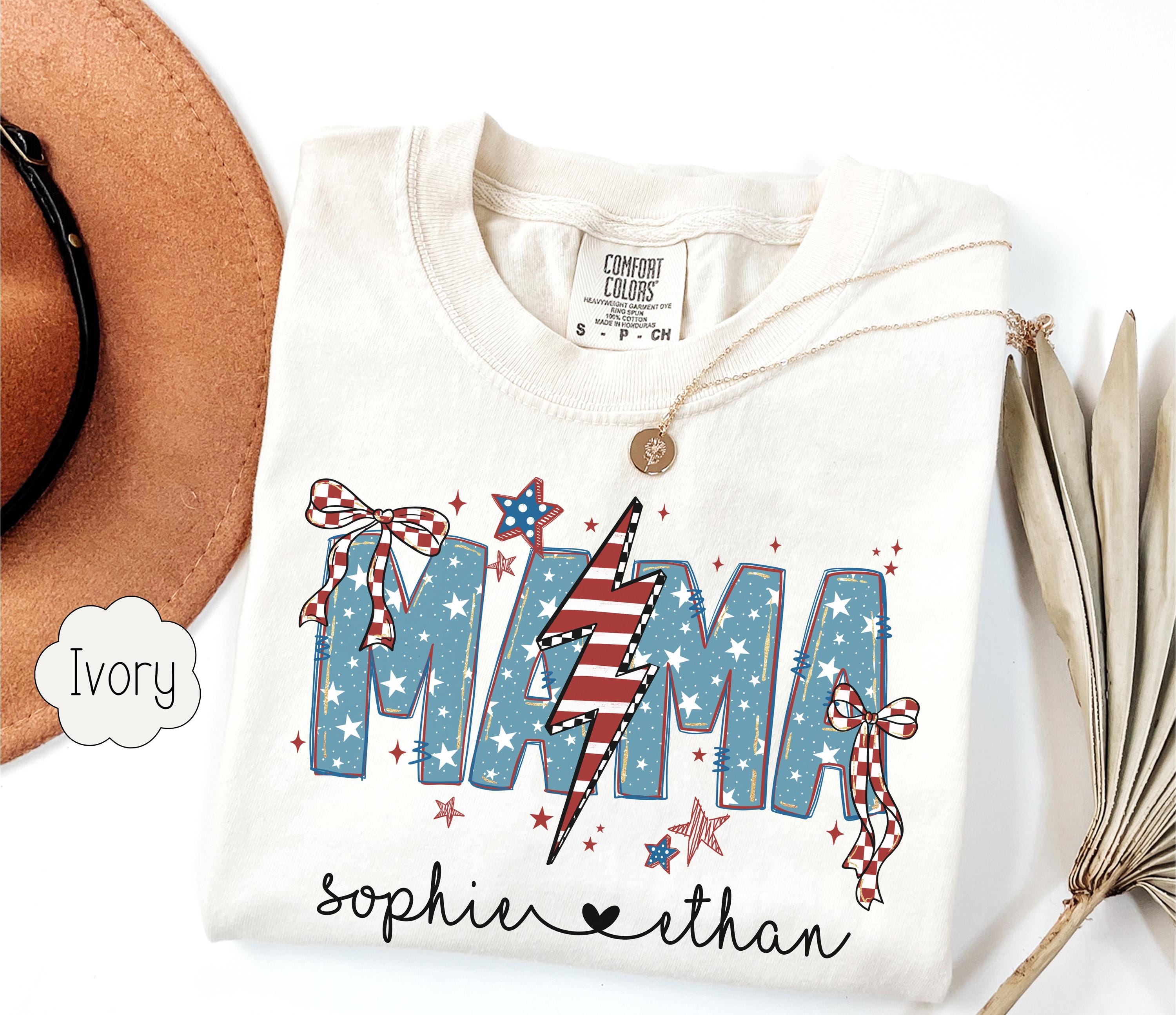 Custom American Mama Shirt with Kids Names, Personalized 4th of July Tee, USA Est 1776 Shirt, Coquette USA Shirt, Fourth Of July Shirt Gift
