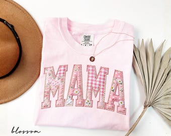 Comfort Colors® Mama Shirt, Floral Faux Patchwork Mom Shirt, Mothers Day Gift For Mom, Mama Birthday Gift, New Mom Gift, First Time Mom Gift