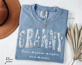 Personalized Granny Shirt With Grandkids Names, Comfort Colors® Floral Faux Patchwork Tee, Custom Nana Mimi Gigi Gift, Mother's Day Gifts