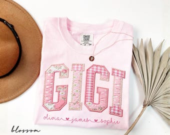 Personalized Gigi Shirt With Grandkids Names, Comfort Colors® Floral Faux Patchwork Grandma Tee, Mothers Day Gift For Nana, New Gigi Gifts