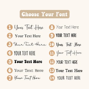 May include: A beige graphic with the text "Choose Your Font" at the top. Below are 14 numbered font samples, each displaying "Your Text Here" in various styles, ranging from elegant scripts to bold sans-serif fonts.