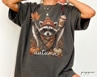 Comfort Colors® Autumn Raccoon Shirt, Retro Tis The Season Tee, Fall Pumpkin Coffee Graphic Shirt, Cute Cozy Fall Shirt, Thanksgiving Gift