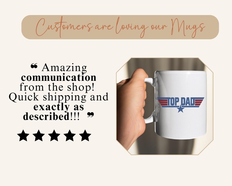 Puede incluir: Taza de cer&aacute;mica blanca con el texto "TOP DAD" en azul y rojo, con una estrella. La taza est&aacute; sujeta por una mano. La imagen tambi&eacute;n incluye comentarios de clientes y valoraciones por estrellas.