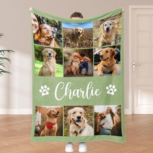 Green fleece blanket with custom dog photo collage and name in white text with paw icons, ideal as a gift for pet lovers or holiday keepsake.