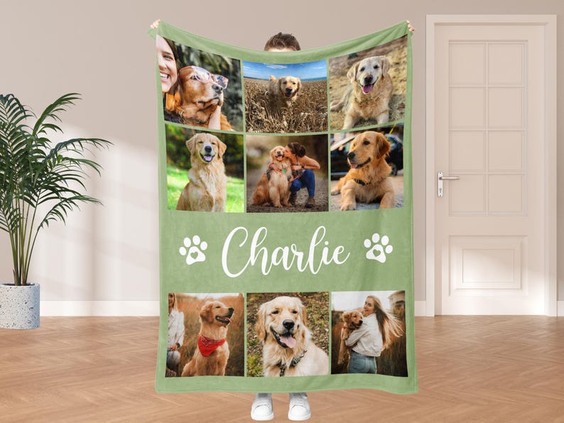 Green fleece blanket with custom dog photo collage and name in white text with paw icons, ideal as a gift for pet lovers or holiday keepsake.