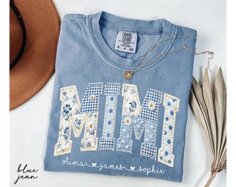 Personalized Mimi Shirt With Grandkids Names, Comfort Colors® Floral Faux Patchwork Grandma Tee, Mothers Day Gift For Nana, New Mimi Gifts
