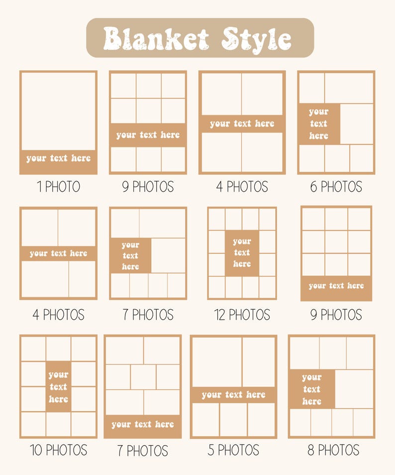 May include: A beige graphic showcasing various blanket styles with photo layouts. The text "Blanket Style" is at the top. Layouts include options for 1, 4, 5, 6, 7, 8, 9, 10, and 12 photos, each with space for text.