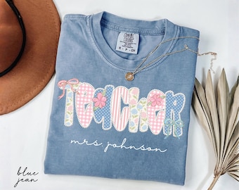 Comfort Colors® Personalized Teacher Name Floral Shirt, Faux Pearl Teacher Tee, Custom Teacher Gift, Back To School Tee, Teacher Team Shirts