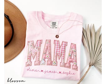Personalized Mama Shirt With Kids Names, Floral Patchwork Mom Tee, Mother's Day Gift For Mom, Birthday Gift, New Mom Gift, First Time Mom