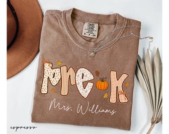 Custom Pre-K Teacher Shirt, Comfort Colors® Pumpkin Fall Tee, Personalized Autumn Gift For Teachers, Thanksgiving School Shirt, Kindergarten