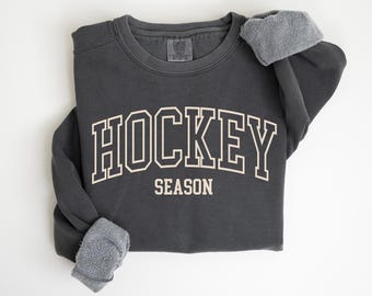 Comfort Colors® Hockey Season Sweatshirt, Hockey Crewneck For Game Day, Ice Hockey Player Gift, Retro Sport Mama Shirt, Hockey Coach Sweater