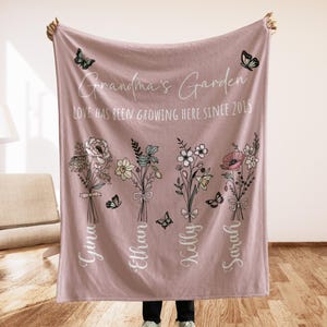 Custom Grandma&#39;s Garden Blanket, Christmas Gift For Grandma, Birth Flower Blanket With Grandkids Names, Personalized Grandma Gift Gigi Nana