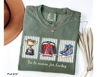 Comfort Colors® Tis The Season Hockey Shirt, Ice Hockey Player Gift, Game Day Tee, Sports Mom Shirt, Hockey Season Tee, Hockey Lover Shirt