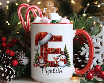 Personalized Christmas Mug With Name, Custom Alphabet Hot Chocolate Cup, Christmas Coffee Mug, Gift For Kids,Holiday Monogram Mug For Family