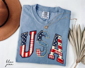 Comfort Colors® USA Floral Shirt, Faux Patchwork Patriotic Tee, Vintage USA Flag Shirt, Fourth Of July Mama Shirt, 250 Year Of Freedom Shirt