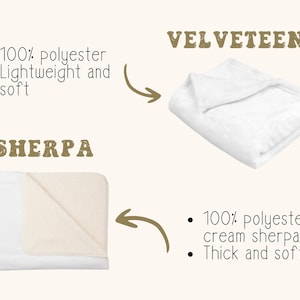 May include: White Velveteen and Sherpa blankets. The Velveteen blanket is 100% polyester, lightweight, and soft. The Sherpa blanket is 100% polyester cream sherpa, thick, and soft. The image includes the text "VELVETEEN" and "SHERPA".