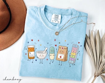 Comfort Colors® Pharmacist Doodle Characters Shirt, Pharmacy Technician Tee, CPhT Shirt, Gift For Pharmacy Tech, PharmD Graduation Gift
